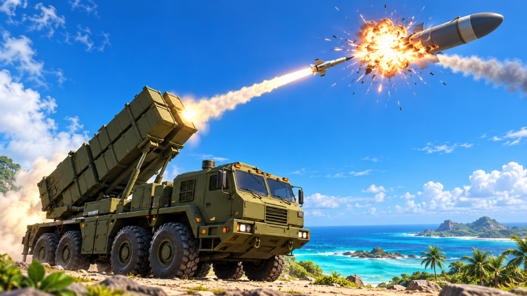 A Roblox character presses a button as a missile flies toward an island.